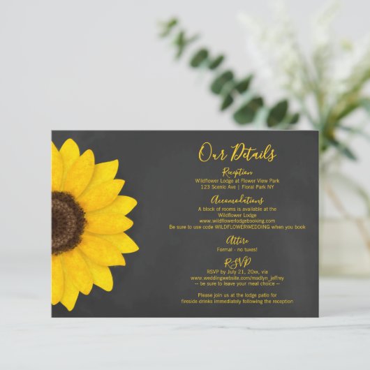 Rustikale Sonnenblumenschalkpappe Hochzeit Begleitkarte (Stehend Vorderseite)