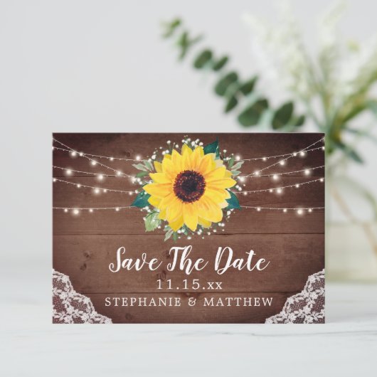 Rustikale Sonnenblumenspitze Babys Atembeleuchtung Save The Date (Stehend Vorderseite)