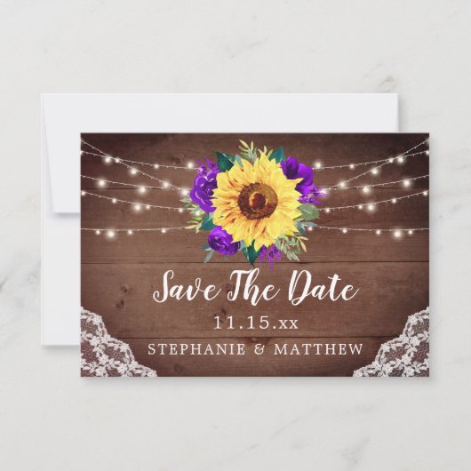 Rustikale Sonnenblumenspitze Lila Rose Hochzeit im Save The Date (Vorderseite)