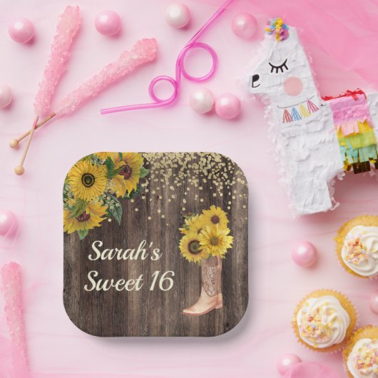 Rustikale Sonnenblumenstiefel Glitzer Sweet 16 Bir Pappteller (Party)