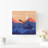 Rustikale Sonnenuntergang Fischen Szene Platz Wall Quadratische Wanduhr (Zuhause)