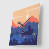 Rustikale Sonnenuntergang Fischen Szene Platz Wall Quadratische Wanduhr (Winkel)