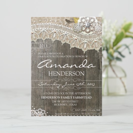 Rustikale Spitze-hölzerne Abschluss-Einladung Einladung (Stehend Vorderseite)