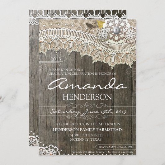 Rustikale Spitze-hölzerne Abschluss-Einladung Einladung (Vorne/Hinten)