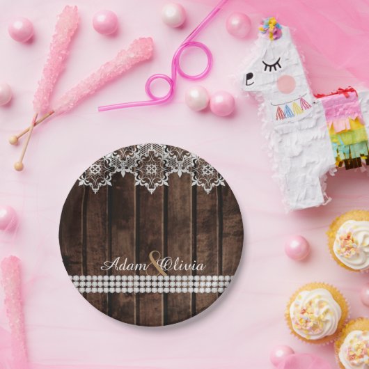 Rustikale Spitze-u. Diamant-Hochzeit Pappteller (Party)