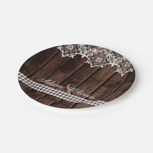 Rustikale Spitze-u. Diamant-Hochzeit Pappteller (Schrägansicht)