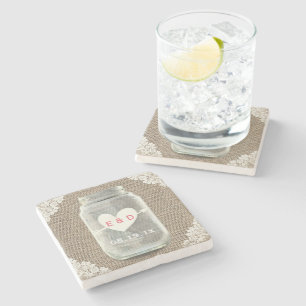 Rustikale Spitze-u. Leinwand-Weckglas-Hochzeit Steinuntersetzer