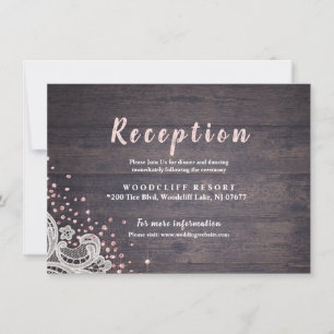 Rustikale Spitze und Holz-Rosé-Glitter-Empfangskar Einladung