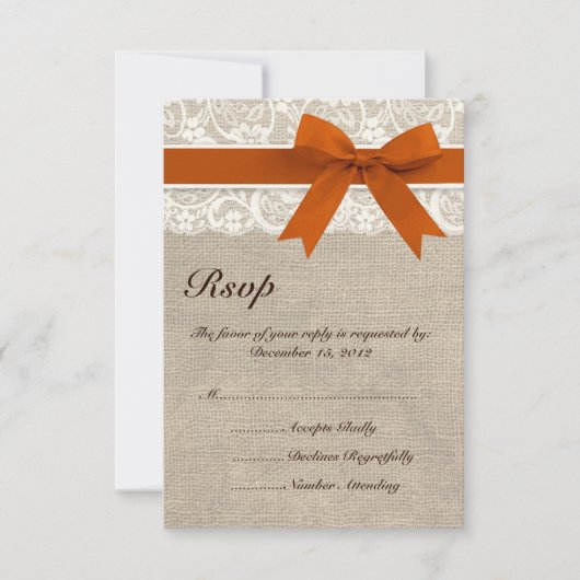 Rustikale Spitzen Burlap Look RSVP Karte Burnt Ora (Vorderseite)