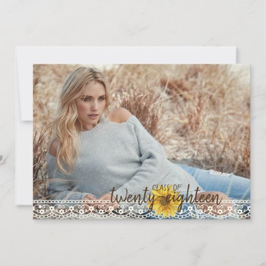 Rustikale Spitzen- & Burlap Sonnenblumen Abschluss Einladung (Vorderseite)