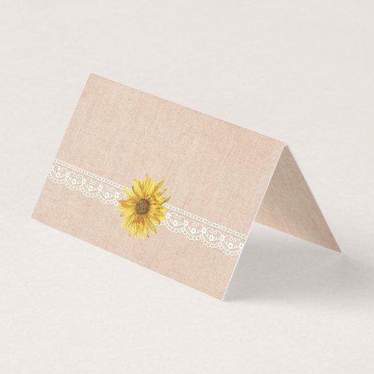 Rustikale Spitzen & Burlap Sonnenblumen Hochzeitst Visitenkarten (Rückseite)