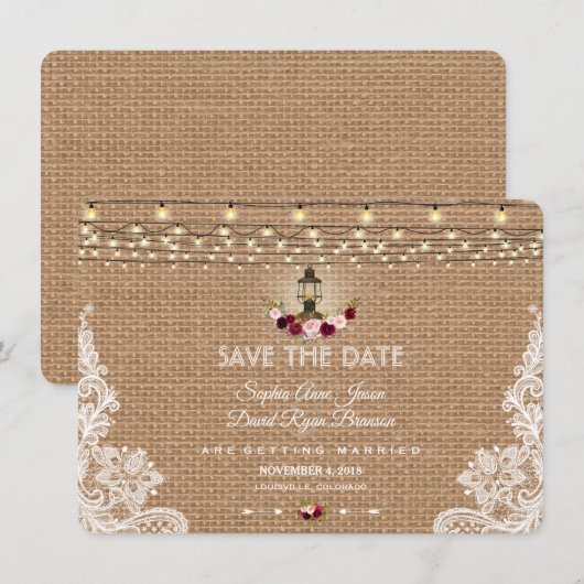 Rustikale Spitzen-Burlap-String-Leuchten Save the Date (Vorne/Hinten)