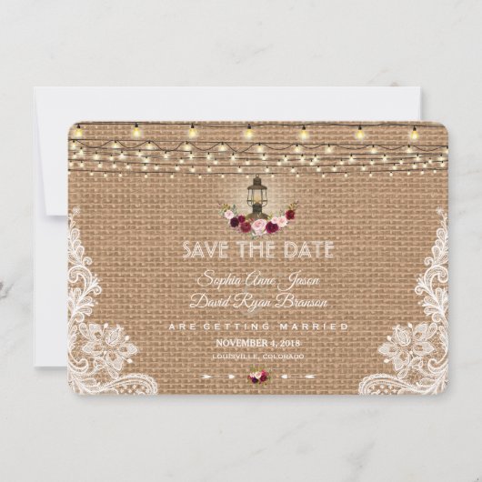 Rustikale Spitzen-Burlap-String-Leuchten Save the  Date (Vorderseite)