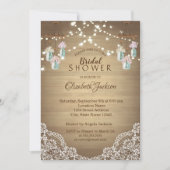 Rustikale Spitzen, floraler Mason Jar, String Ligh Einladung (Vorderseite)