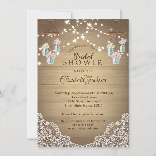 Rustikale Spitzen, floraler Mason Jar, String Ligh Einladung (Vorderseite)