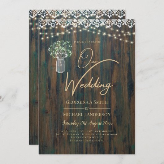 Rustikale Spitzen Gypsophila Lights Mason Jar Wedd Einladung (Vorne/Hinten)