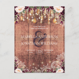 Rustikale Spitzen-Holzreihenleuchten Save the Date Ankündigungspostkarte