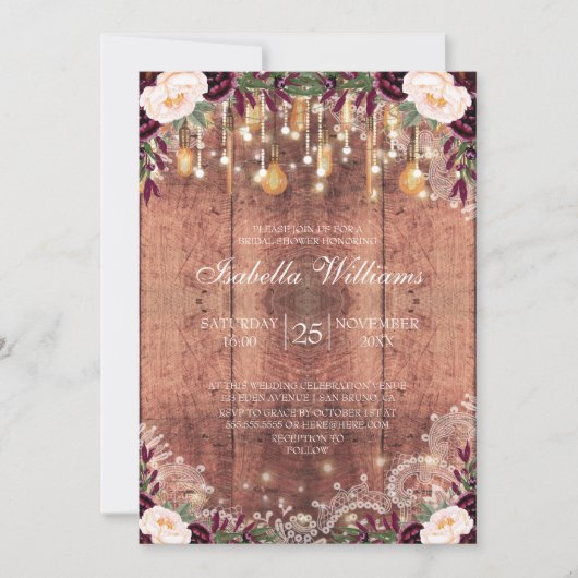 Rustikale Spitzen-Holzsägemälde |Brautparty Einladung (Vorderseite)