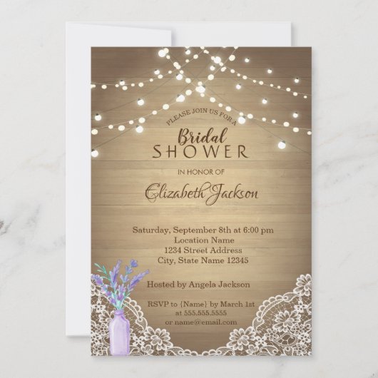 Rustikale Spitzen, Lavander Mason Jar, String Ligh Einladung (Vorderseite)
