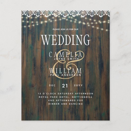 Rustikale Spitzen Lichter Holz aussehen Hochzeit Flyer (Vorne)
