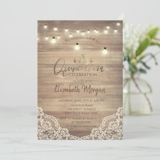 Rustikale Spitzen, Lichter, Tiara, Diamanten Quinc Einladung (Stehend Vorderseite)