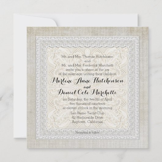 Rustikale Spitzen mit Vintagem Leinen Landschaftse Einladung (Vorderseite)