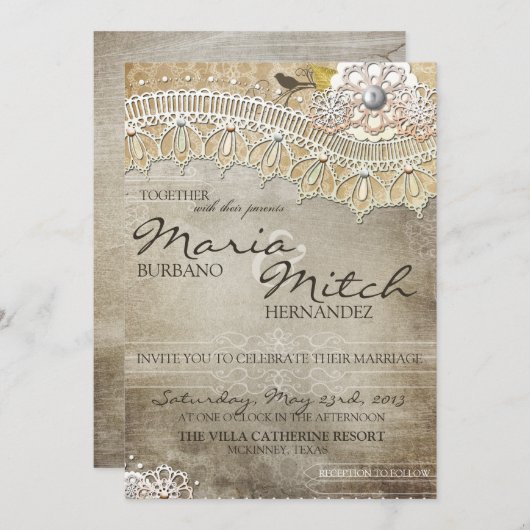 Rustikale Spitzen Not leidende Hochzeitseinladung Einladung (Vorne/Hinten)