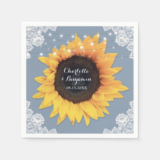 Rustikale Spitzen Sonnenblume Dusty Blue Wedding Serviette (Vorderseite)