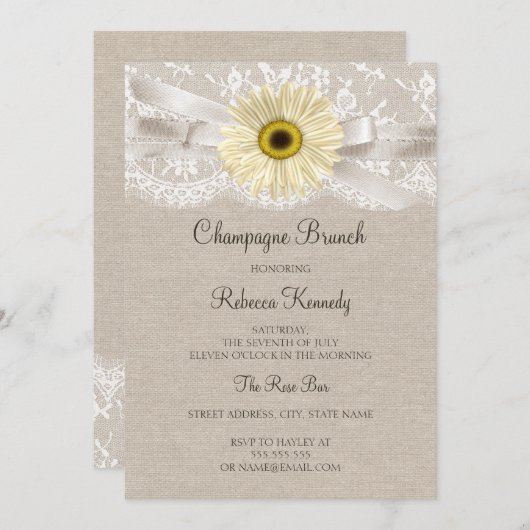 Rustikale Spitzen Sonnenblumen Brautparty Brunch l Einladung (Vorne/Hinten)