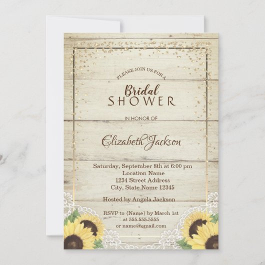 Rustikale Spitzen, Sonnenblumen, Diamanten-Brautpa Einladung (Vorderseite)