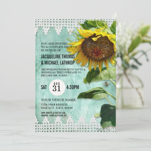 Rustikale Spitzen Sonnenblumen Holzbäume Botanisch Einladung (Stehend Vorderseite)