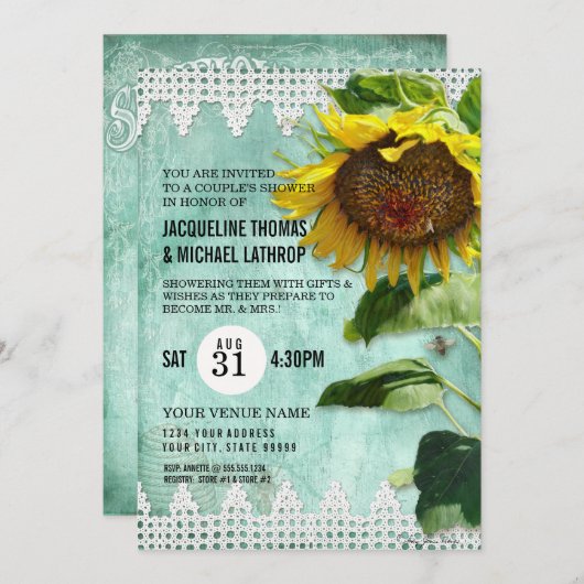 Rustikale Spitzen Sonnenblumen Holzbäume Botanisch Einladung (Vorne/Hinten)