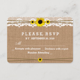 Rustikale Spitzen, Sun-Blume, Burlap Wedding RSVP Karte