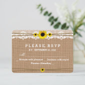 Rustikale Spitzen, Sun-Blume, Burlap Wedding RSVP Karte (Stehend Vorderseite)