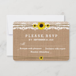 Rustikale Spitzen, Sun-Blume, Burlap Wedding RSVP Karte