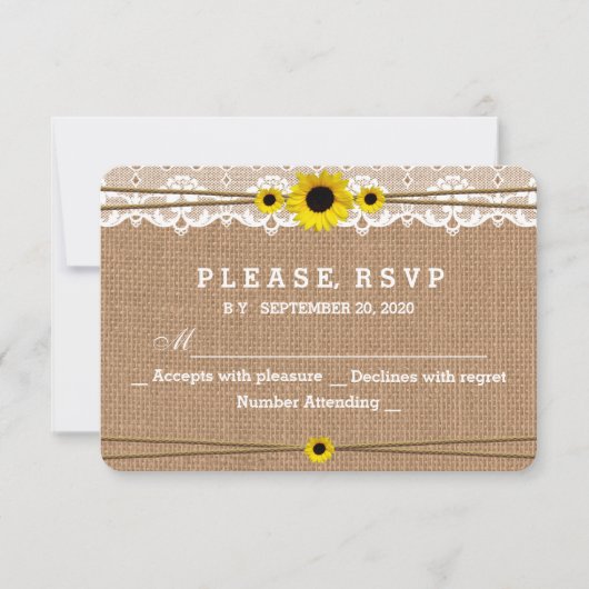 Rustikale Spitzen, Sun-Blume, Burlap Wedding RSVP Karte (Vorderseite)