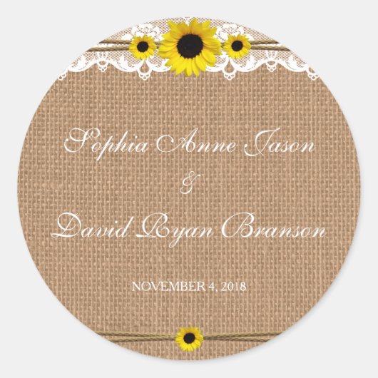 Rustikale Spitzen, Sun-Blume, Hochzeit nach Maß Runder Aufkleber (Vorderseite)