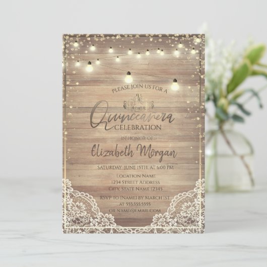 Rustikale Spitzen, Tiara, Lichter, Holzdiamanten Q Einladung (Stehend Vorderseite)