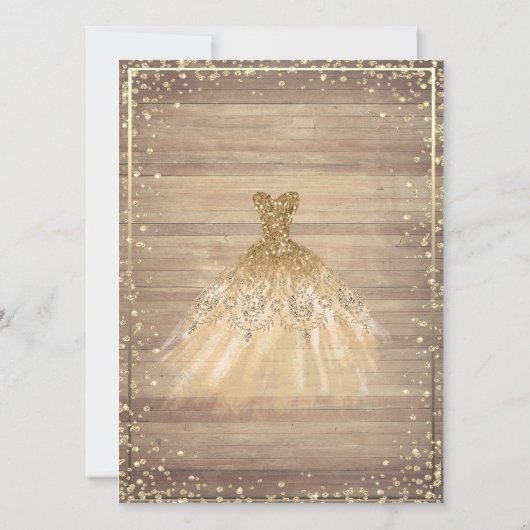 Rustikale Spitzen, Tiara, Lichter, Kleid Holz Quin Einladung (Rückseite)