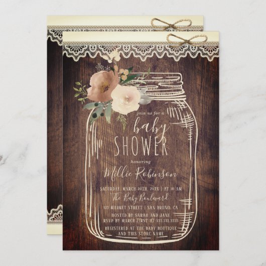 Rustikale Spitzen & Twine | Floral Mason Jar Baby Einladung (Vorne/Hinten)