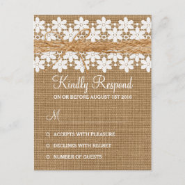 Rustikale Spitzen- und Burlap-Hochzeitsreaktion Po Einladungspostkarte