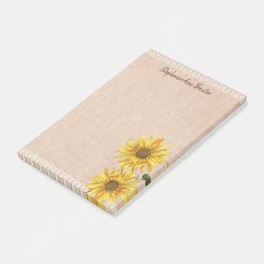 rustikale Spitzen- und Burlap-Sonnenblumen-Hinweis Post-it Klebezettel (angewinkelt)