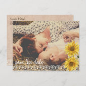 Rustikale Spitzen und Burlap Sonnenblumen Save the Ankündigungspostkarte (Vorne/Hinten)