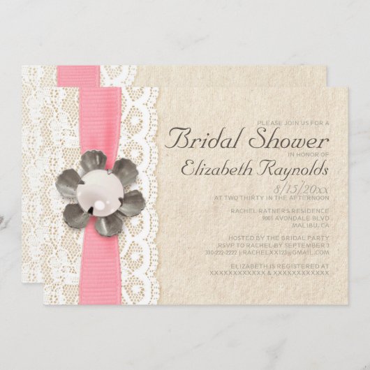 Rustikale Spitzen- und Perlendusche Einladungen (Vorne/Hinten)