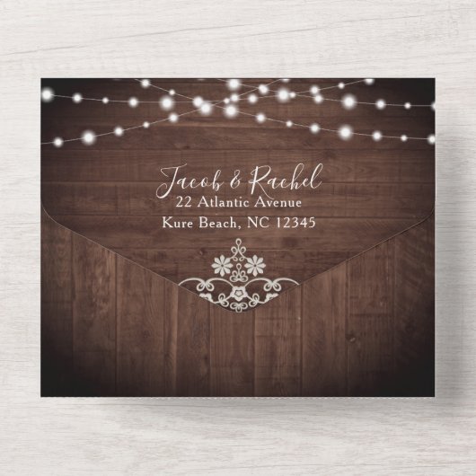 Rustikale Spitzen- und Streichellichter auf der Ho All In One Einladung (Rückseite)