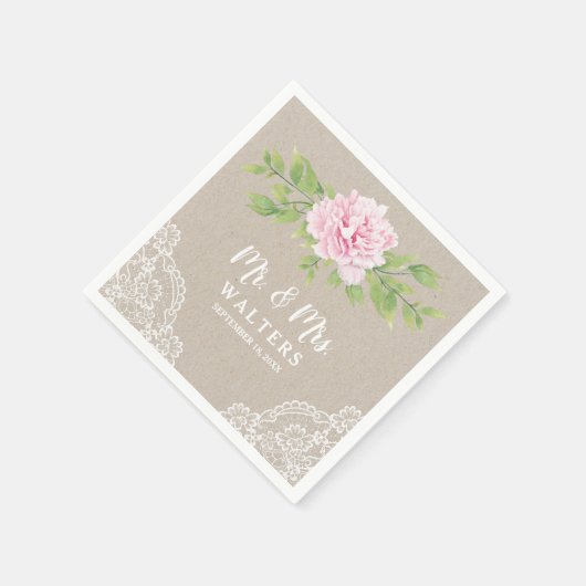 Rustikale Spitzen Wasserfarbe Rosa Blume | Serviette (Ecke)