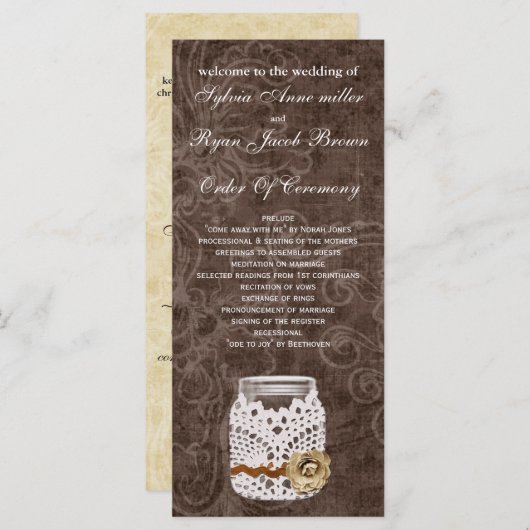 Rustikale Spitzen wrapped Mason Jar Wedding Programm (Vorne/Hinten)