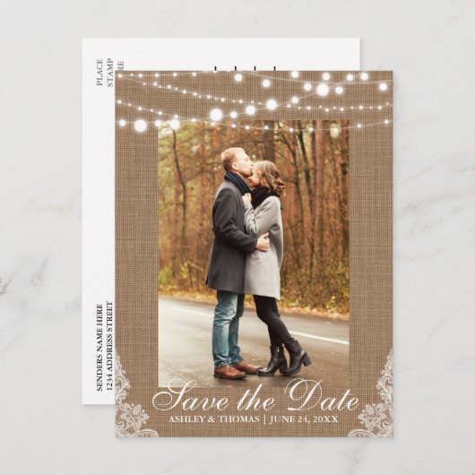 Rustikale Spitzenbeleuchtung Save the Date Rücktex Ankündigungspostkarte (Vorne/Hinten)