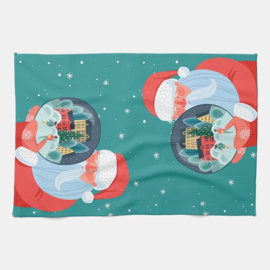 Rustikale Stadt Santa Claus Globe Geschirrtuch (Horizontal)