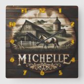 Rustikale Stall- und Pferdedarstellung bei Twiligh Quadratische Wanduhr (Vorderseite)